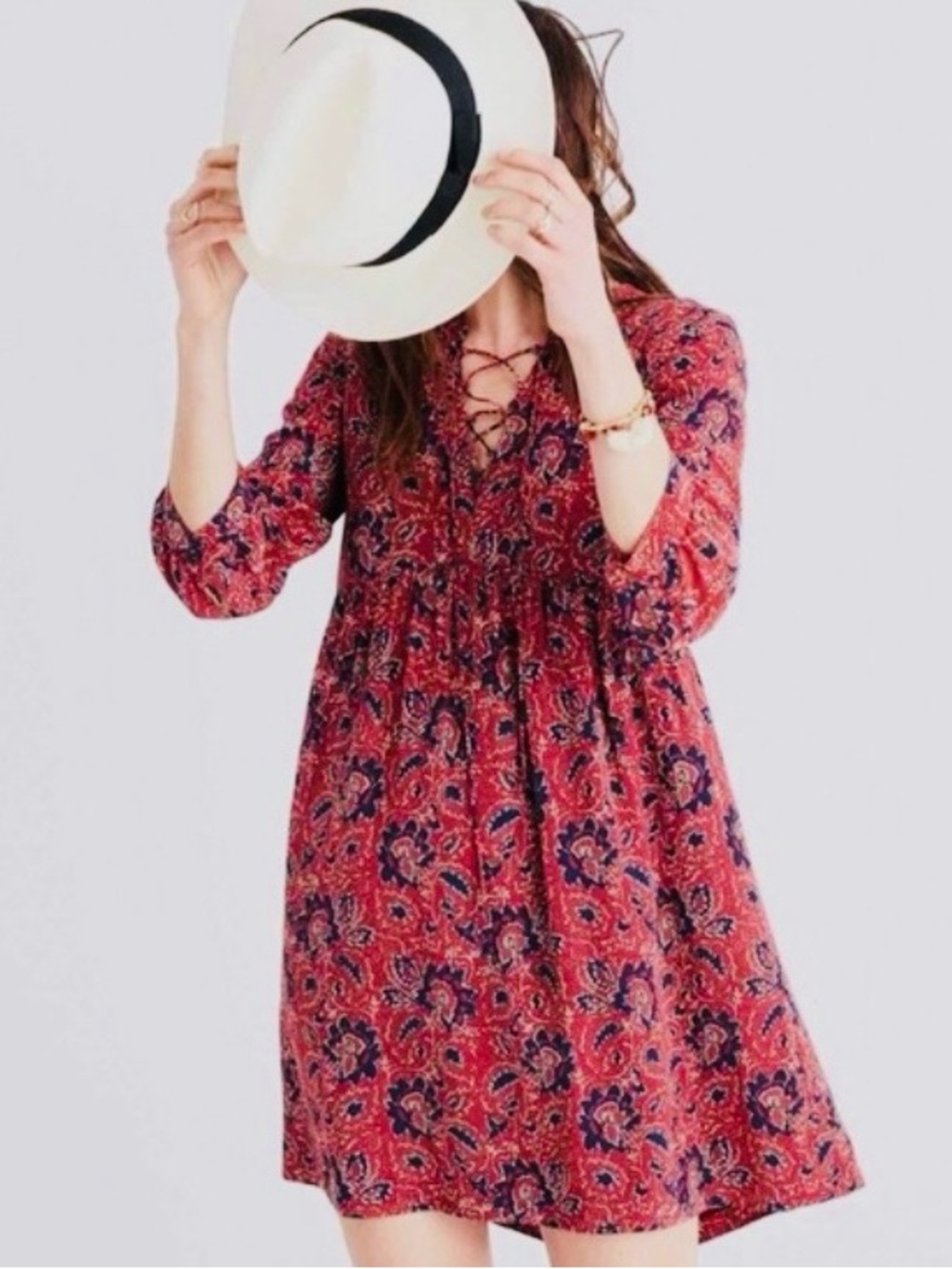 MADEWELL, Red Floral Lace-Up Babydoll Dress, Size XS